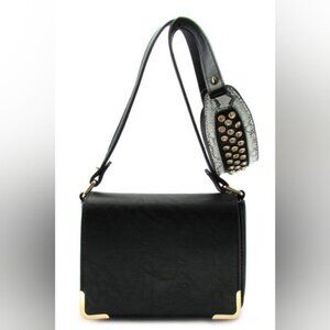 Faux Leather Shoulder Bag Wide Studded Strap Snakeprint Black Purse